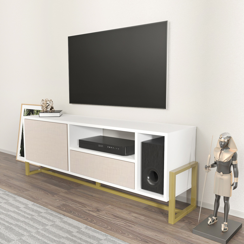 Decorotika Utopie Single Drawer Single Door 2 Shelf White and Beige TV Unit Image 8
