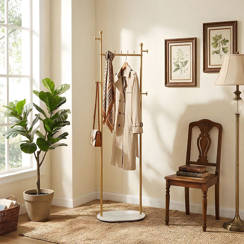 Living and Home Gold Metal Clothes Rack with 4 Hooks and Marble-Effect Base Image 2