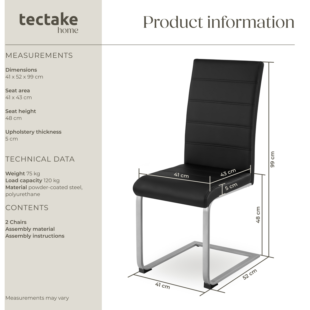 tectake Set of 2 Black Cantilever High Backrest Dining Chair Image 9