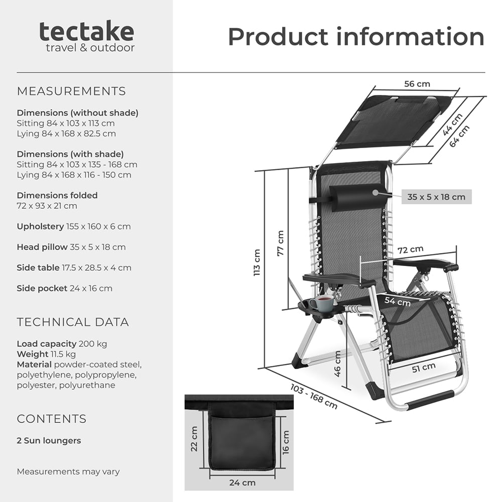 tectake Cirrus Black Set of 2 Folding Plush Padding Sun Lounger with Sun Shade Image 9