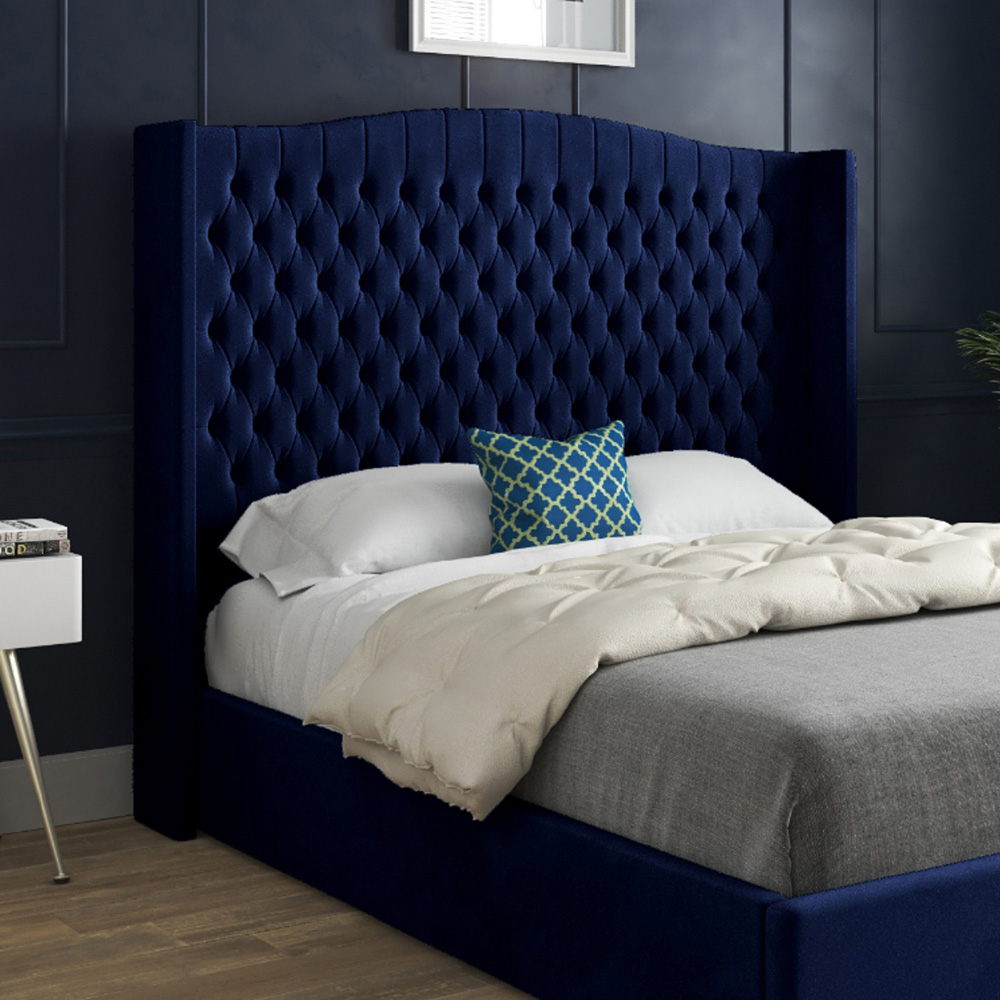 Rana Small Single Blue Soft Velvet Upholstered Bed Frame with Curved Top Winged Headboard Image 3