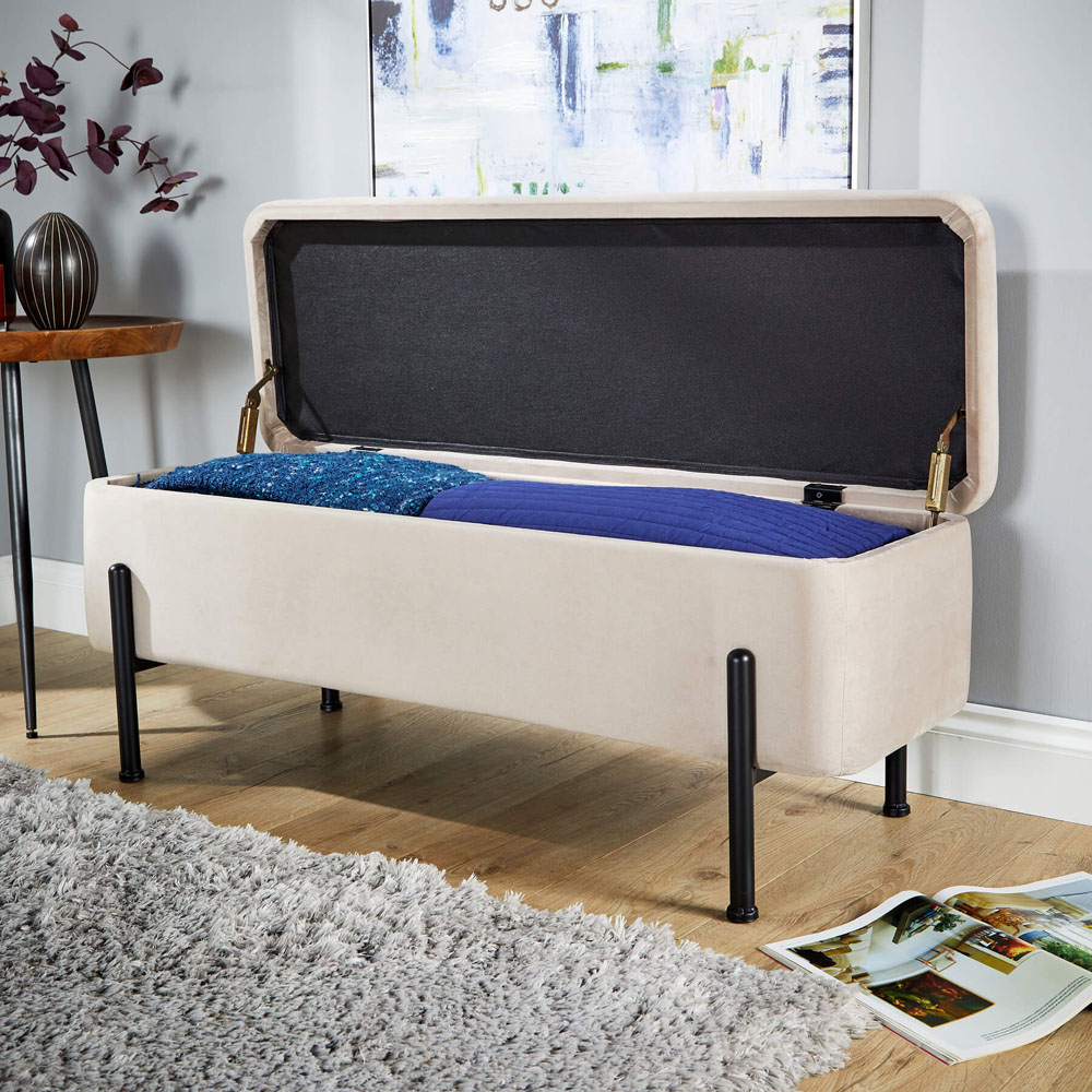 Home Source Oasis Grey Velvet Storage Ottoman with Metal Legs Image 4