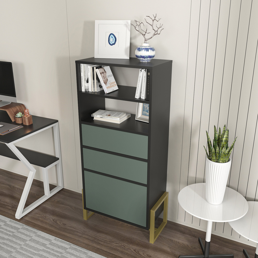Decorotika Utopie 3 Door 2 Shelf Black and Green Modern Bookshelf Image 7