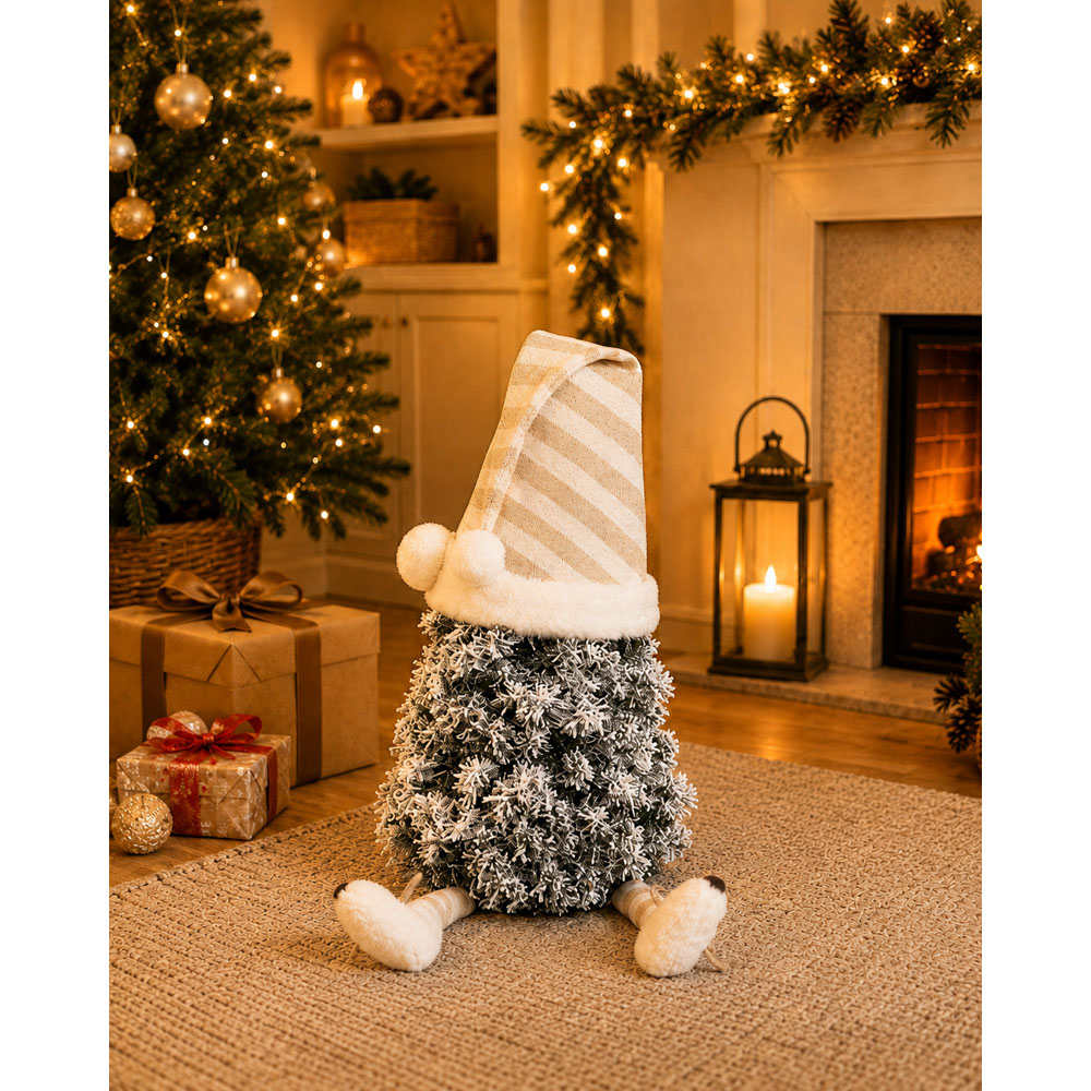 Festive Christmas Warm White LED Flocked Mini Tree Gonk with Striped Nightcap and Dangly Legs Image 3