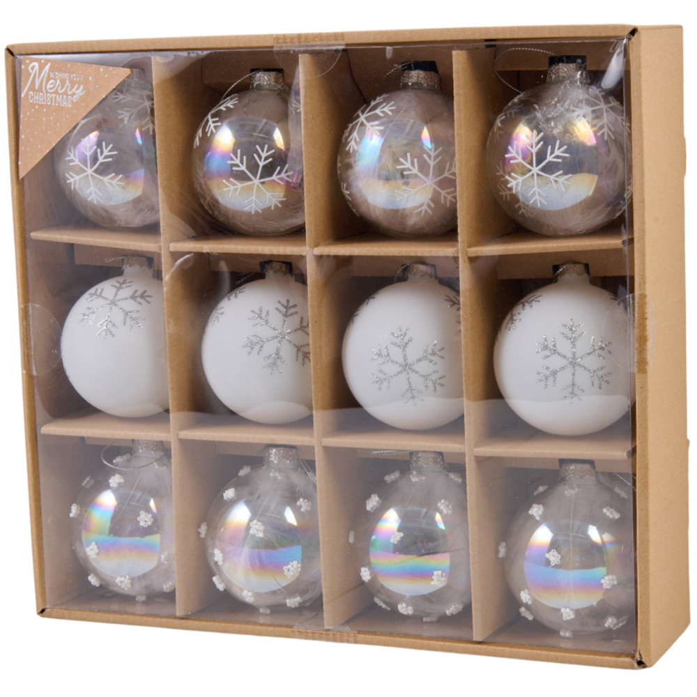Frosted Fairytale White Snowflake Christmas Baubles 12 Pack Image 2
