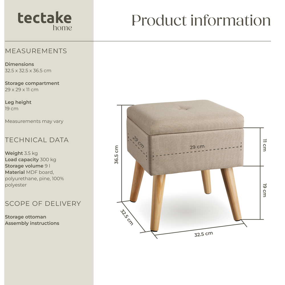 tectake Elva Sand Linen Look Padded Stool with Storage Image 9