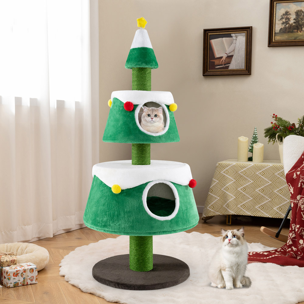 Costway Green Double Condo Christmas Tree Shaped Indoor Cat Scratching Post Image 2