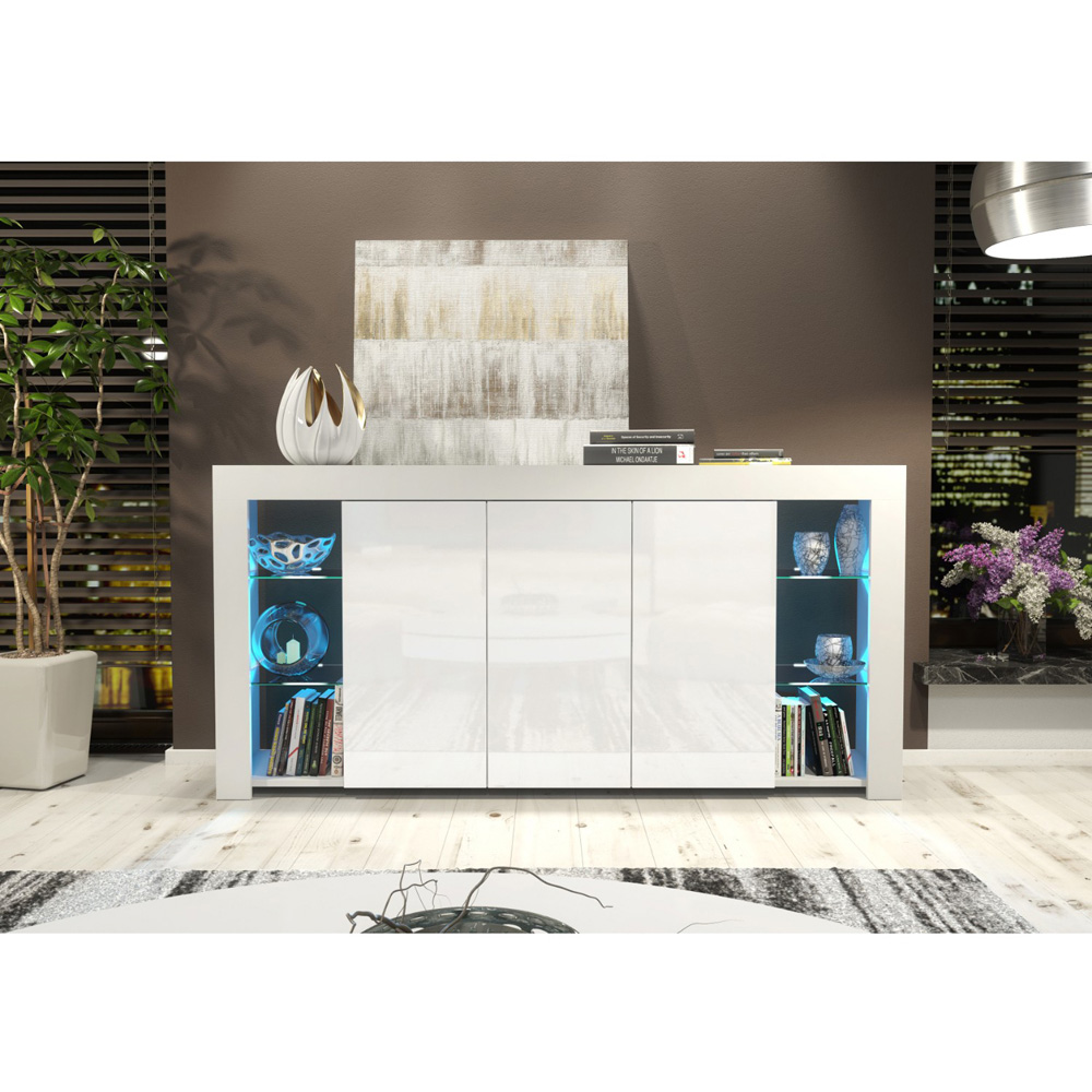 Creative Furniture Eden White and White Gloss 3 Door 6 Shelf Sideboard with LED Image 3
