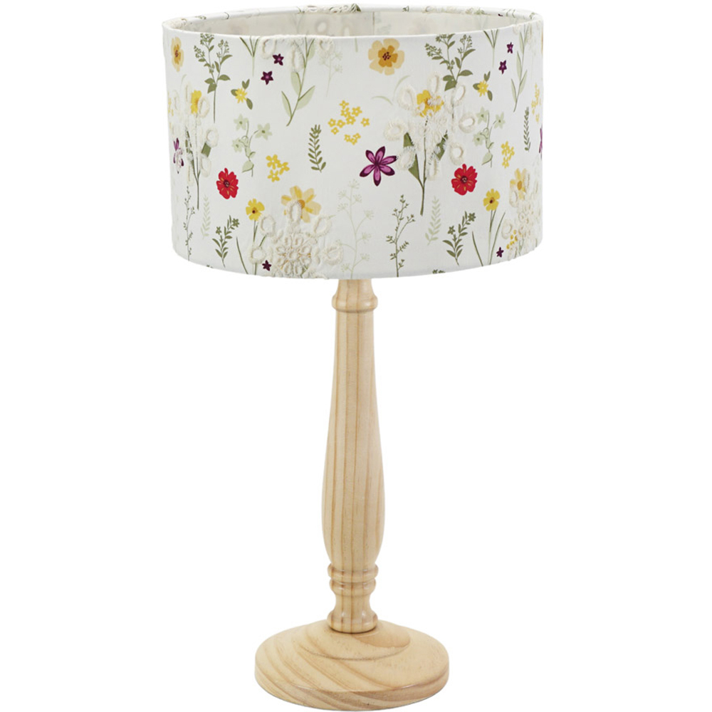 ValueLights Victoria Floral Embroidered Drum Shade Light Wood Candlestick LED Table Lamp Image 1