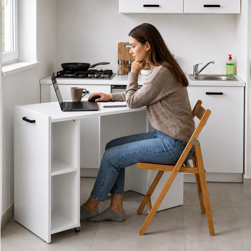 Shefa Line Flexi 2-in-1 2 Shelf Folding Computer Desk White Image 6