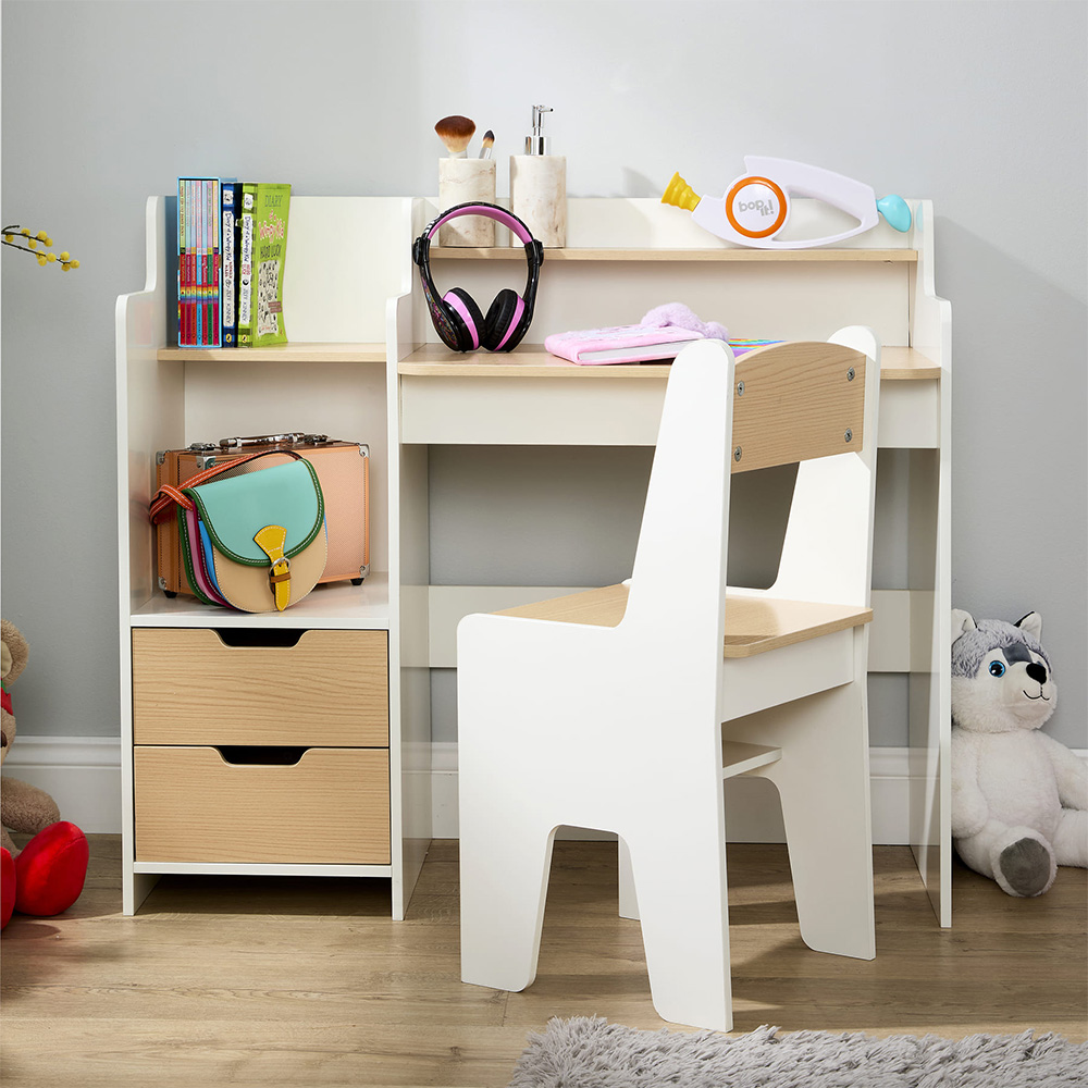 Home Source Scribbly 2 Drawer 3 Shelf White and Wood Effect Kids Study Desk Set Image 4