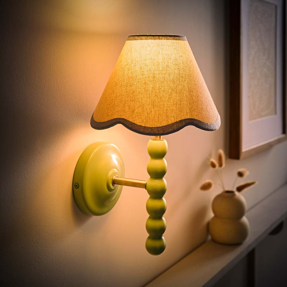 ValueLights Blue Trim Scallop Shade Green Bobbin LED Wall Light with Bulb Image 2