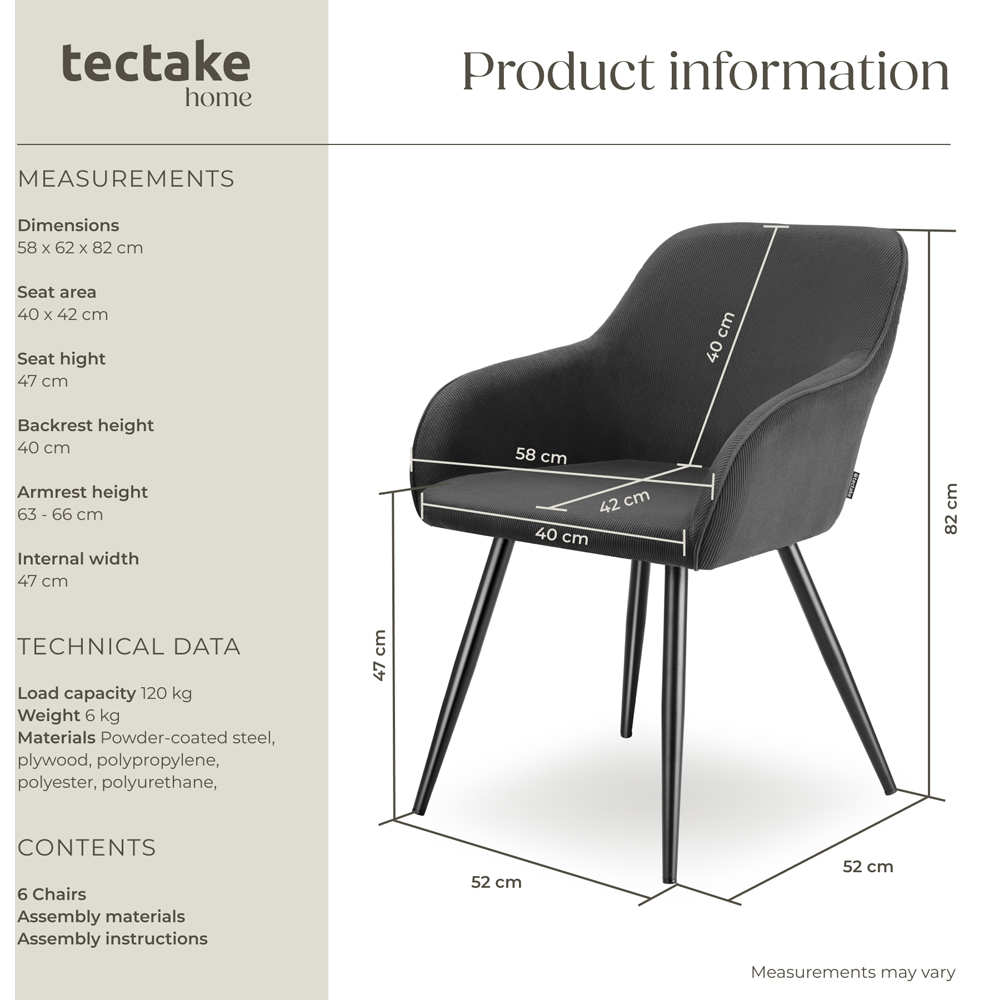 tectake Marilyn Set of 6 Anthracite Black Corduroy Dining Chair Image 8