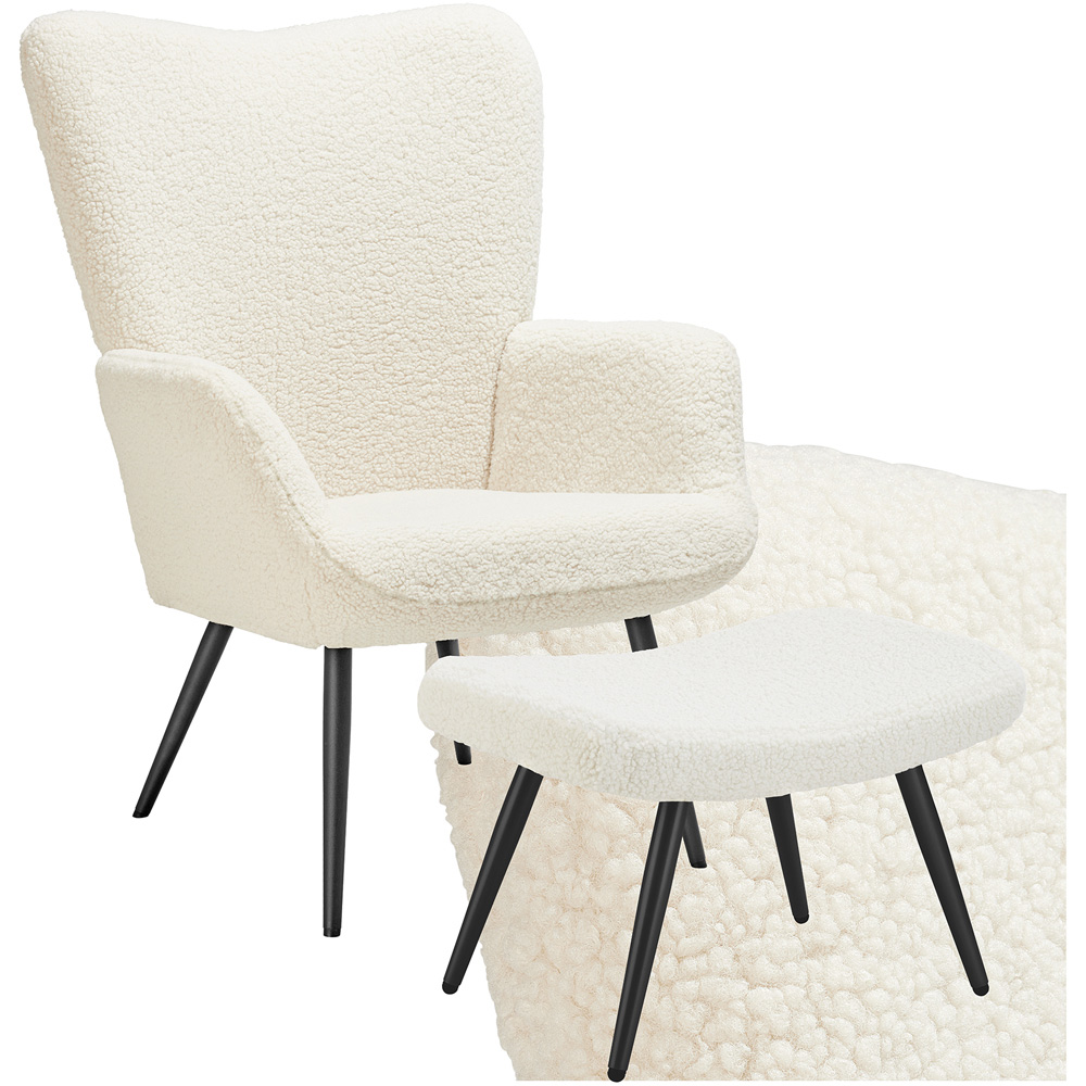 tectake Hygge Cream and Black Boucle Padded Armchair with Stool Image 2