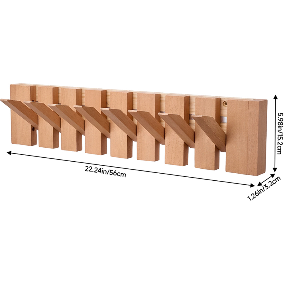 Living and Home Natural Wall-Mounted Coat Rack with 8 Flip-Down Hooks Image 8