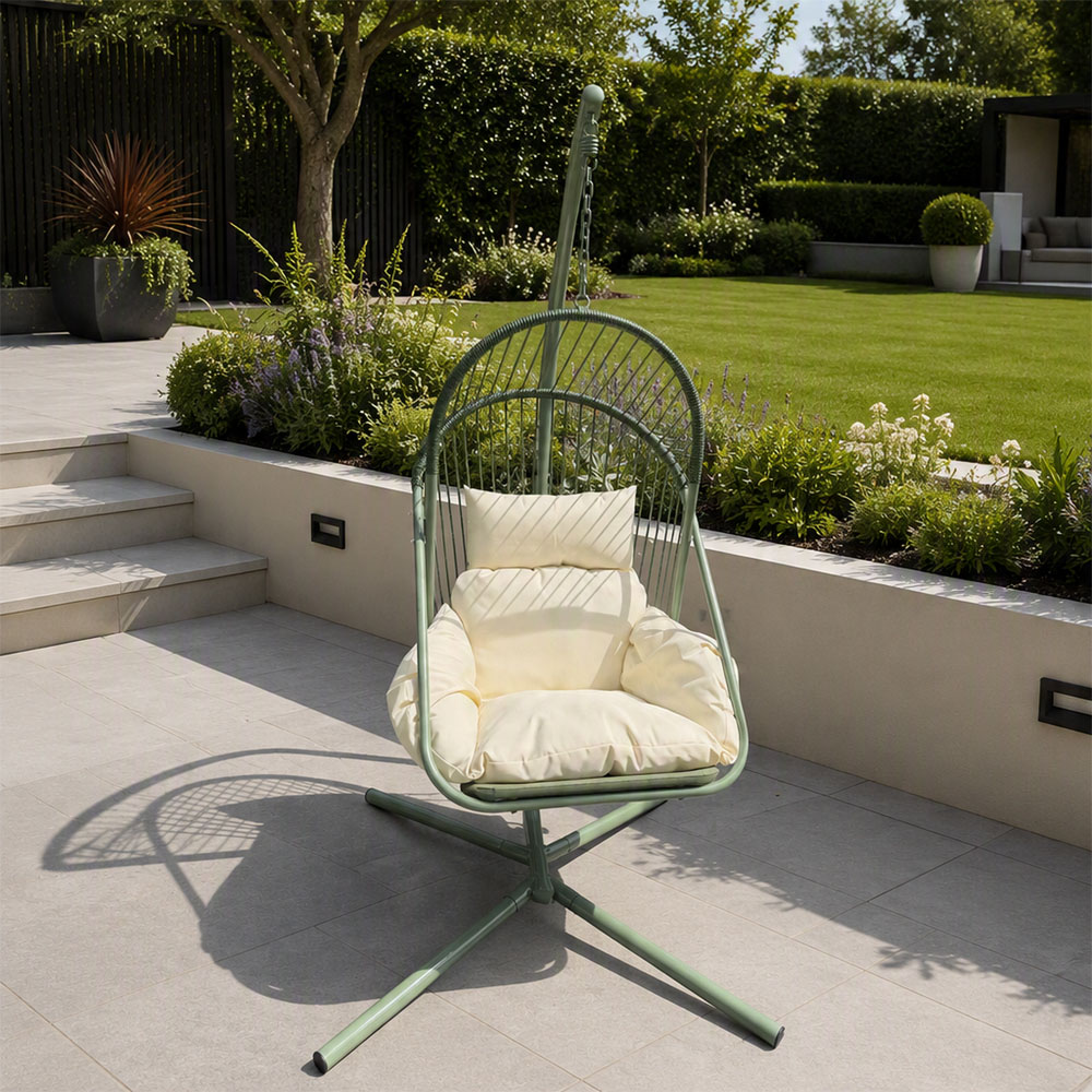 Home Source Capri Green Steel Hanging Egg Chair with Cushions Image 6