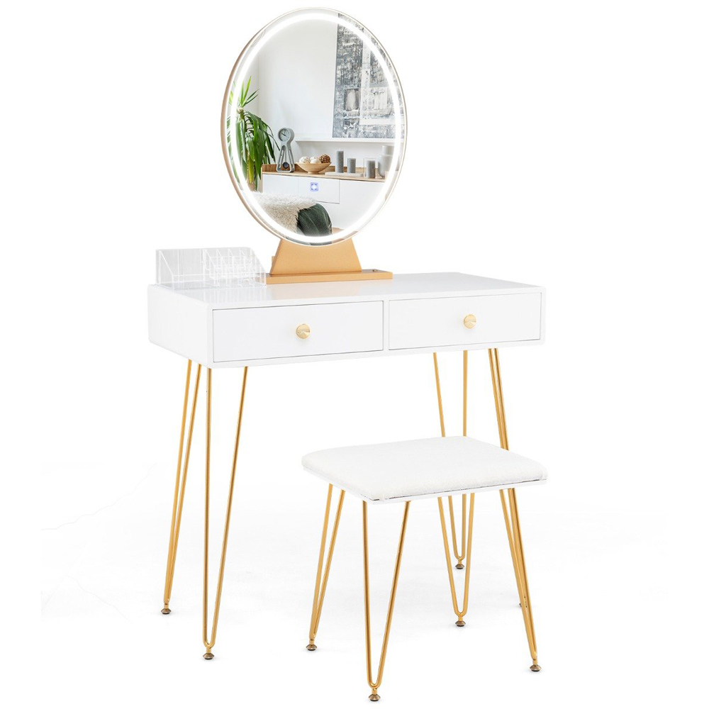 Costway White Vanity Desk Set with LED Mirror and Cushioned Stool Image 2
