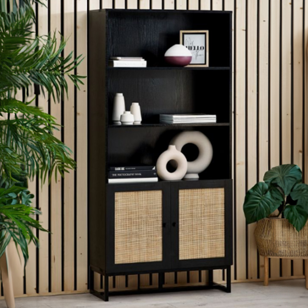 Julian Bowen Padstow 2 Door 3 Shelf Black Tall Bookcase Image 1