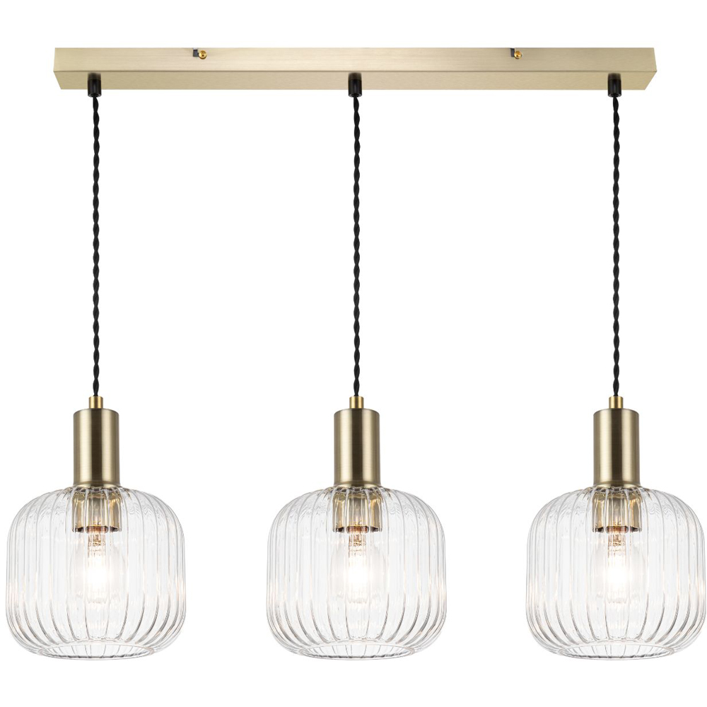 Cosylyte Clayton Brushed Brass Ribbed Glass 3 Light Bar Pendant Light Image 3
