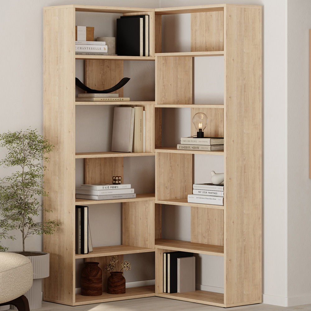 Decortie Molly No.4 12 Shelf Oak Tall Corner Bookcase Image 1