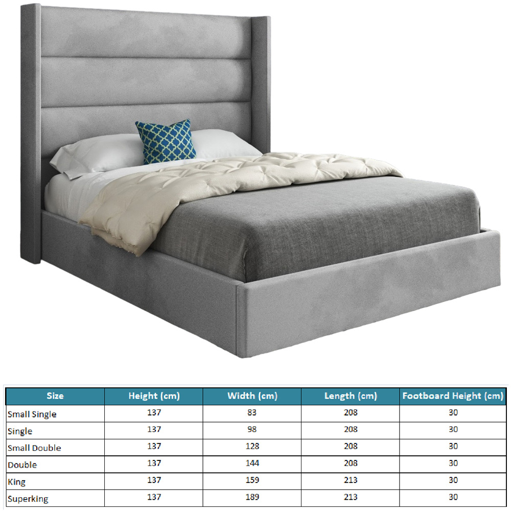 Nuno Grey Double Velvet Upholstered Bed Frame with Straight Winged Headboard Image 7