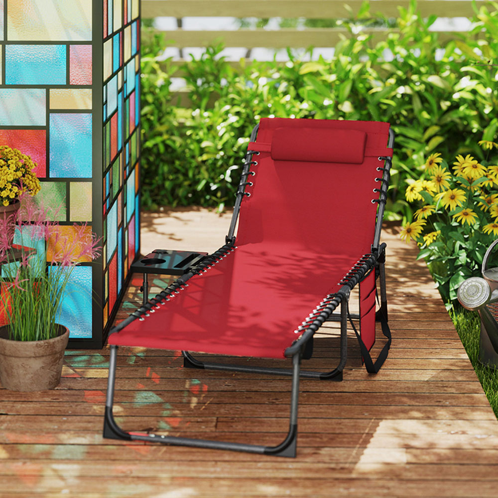 Outsunny Red 5 Level Adjustable Folding Sun Lounger with Side Table Image 3