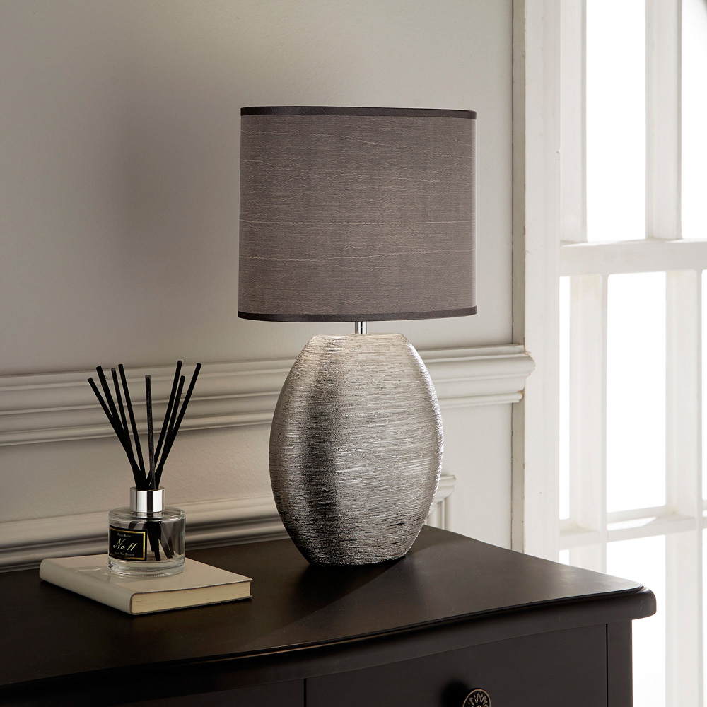 Kliving Waltham Satin Shade Brushed Silver Ceramic Table Lamp Image 3