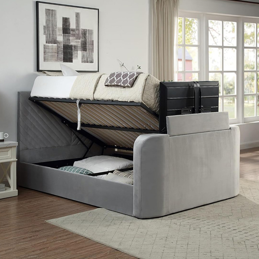 Home Treats King Size Grey Velvet Ottoman TV Bed with Mattress Image 4