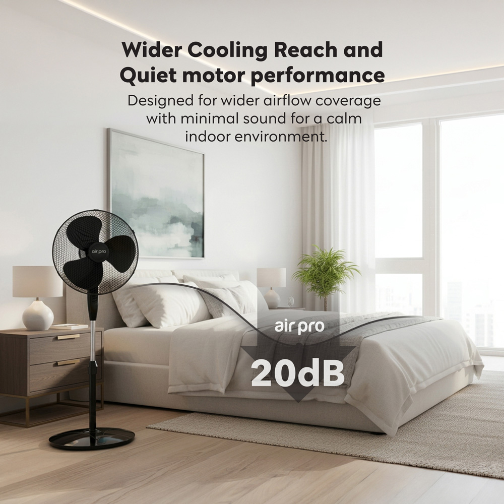 Air Pro Black Mono Height Adjustable Oscillating Air Cooling and Circulator Pedestal Fan 16 inch Image 7