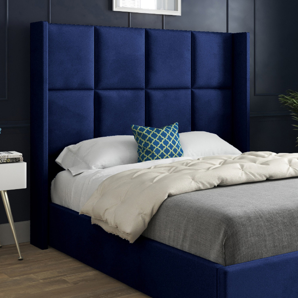 Quanta Small Double Blue Soft Velvet Upholstered Bed Frame with Straight Winged Headboard Image 3