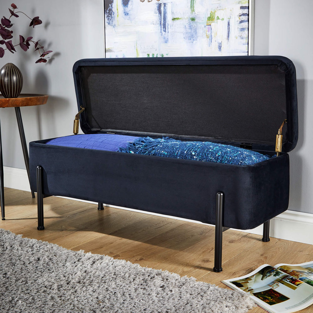 Home Source Oasis Black Velvet Storage Ottoman with Metal Legs Image 4