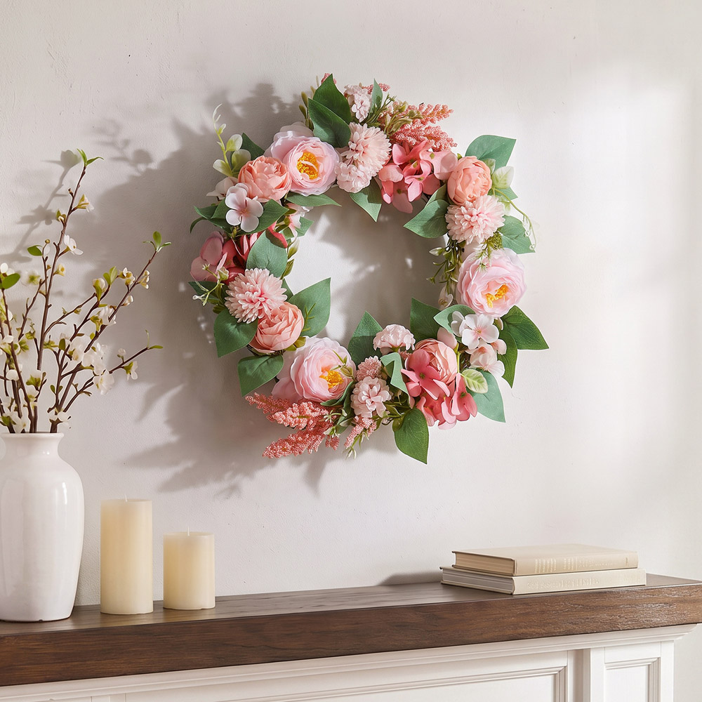 Living and Home Artificial Pink Ranunculus and Camellia Door Wreath 40cm Image 7