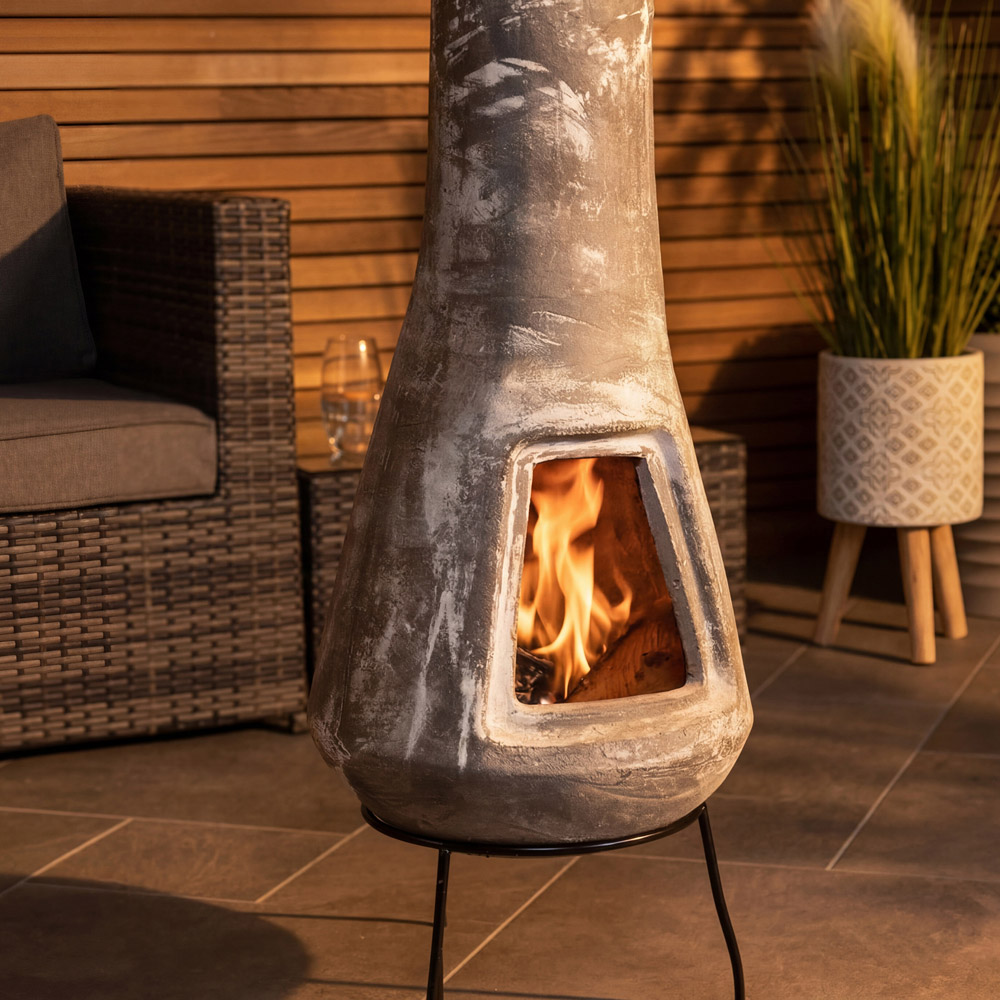 Snug Barcelona Grey Slender Design Medium Clay Chiminea with Lid and Iron Stand Image 8