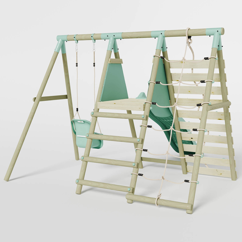 Mercia Wooden Round Pole Baby Seat Swing Set with Climbing Wall and Slide Image 4