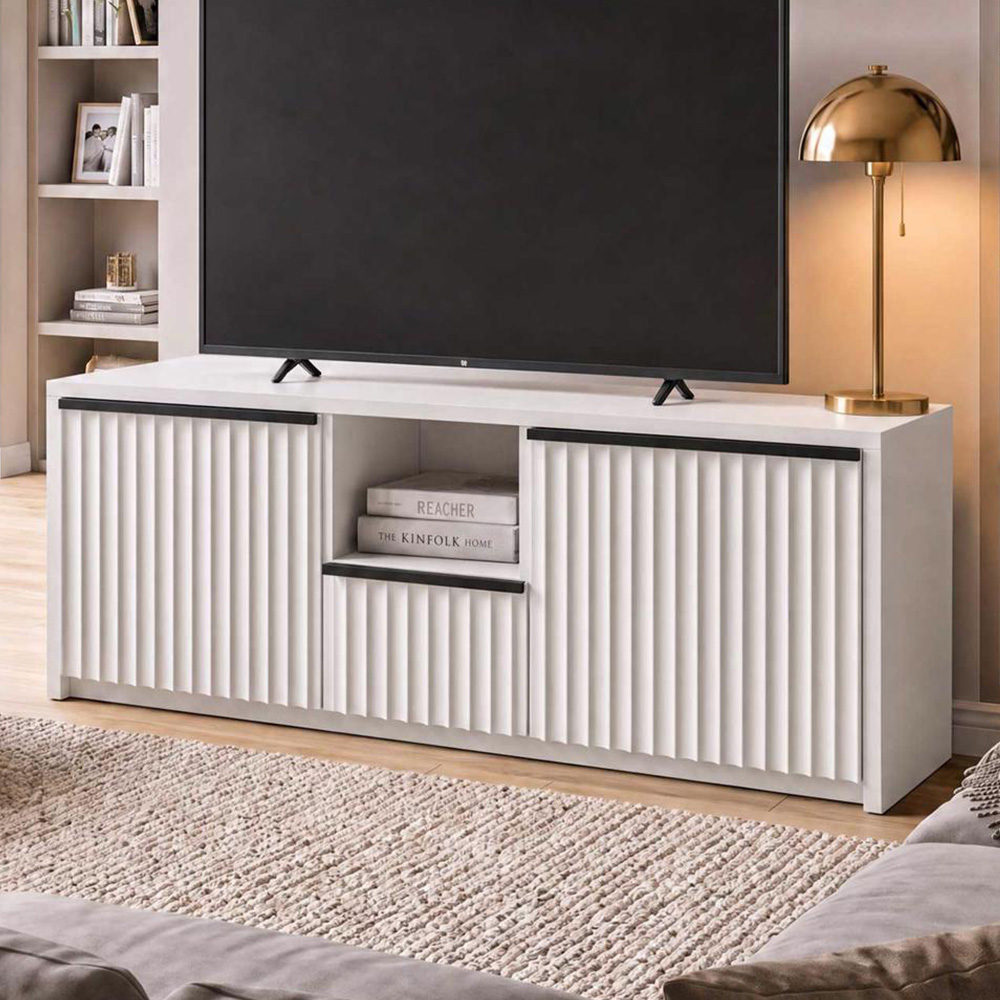 FWStyle Lania Matt White 2 Door Single Drawer Single Shelf Scalloped TV Unit Image 1