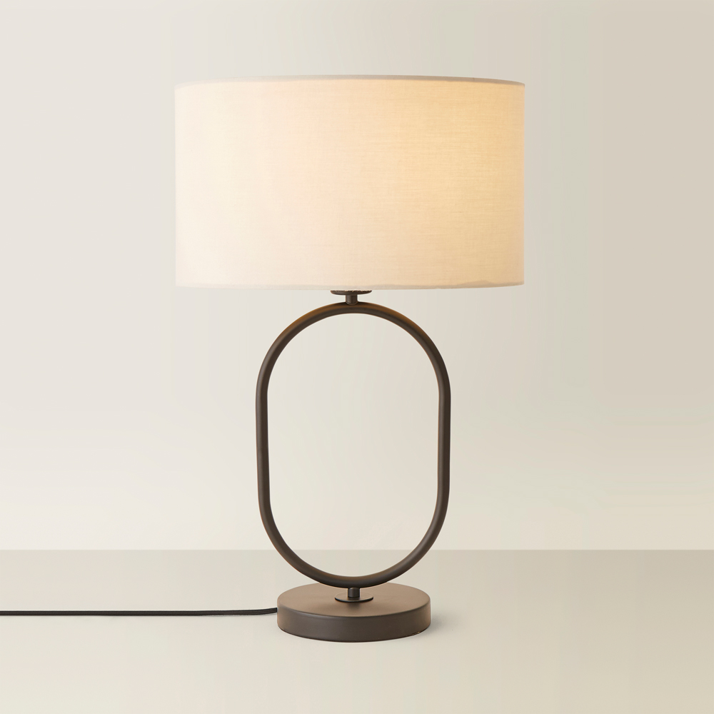 ValueLights Antonia Cream Fabric Drum Shade Matte Black Oval LED Table Lamp Image 5