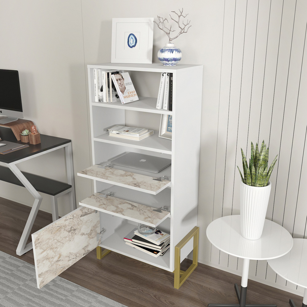 Decorotika Utopie 3 Door 2 Shelf White and White Marble Effect Modern Bookshelf Image 6