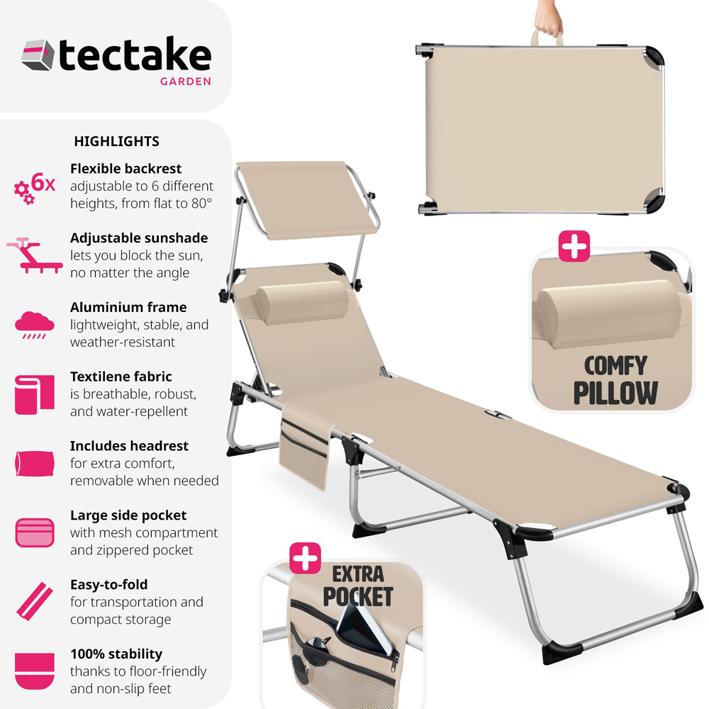tectake Aurelie Beige Foldable and Adjustable Sun Lounger with Headrest Image 7