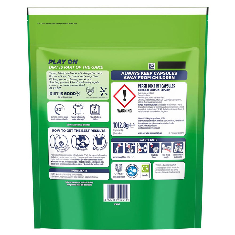 Persil Bio 3 in 1 Washing Capsules XXL 48 Washes 2 Pack Image 3