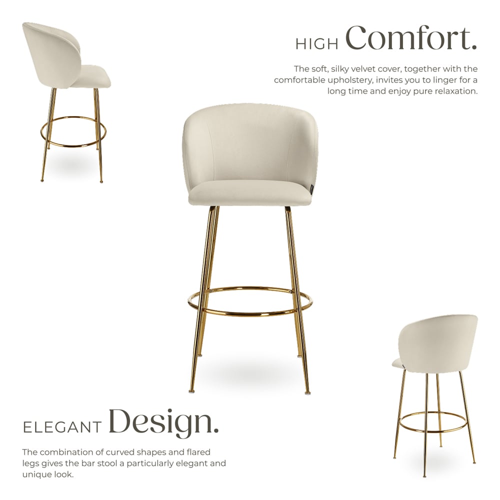 tectake Luana Cream and Gold Velvet Look Padded Bar Stool Set of 2 Image 4