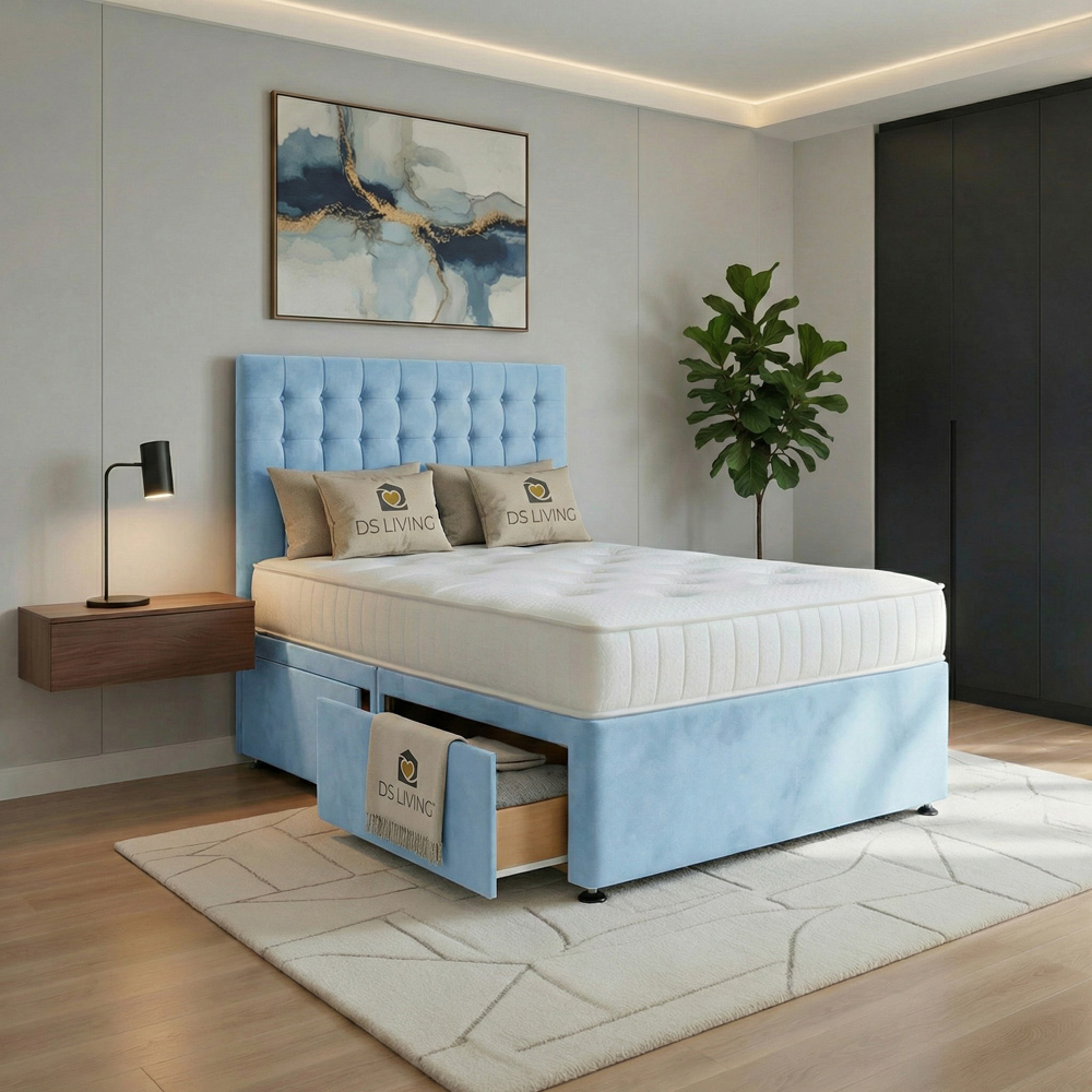 DS Living Casia Double Sky Blue Plush Velvet Divan Bed with 4 Drawer Image 4