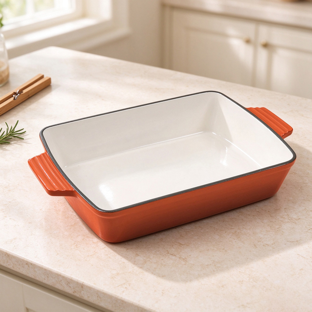 Living and Home 3.7L Orange Enamelled Cast Iron Rectangular Baking Dish Image 7