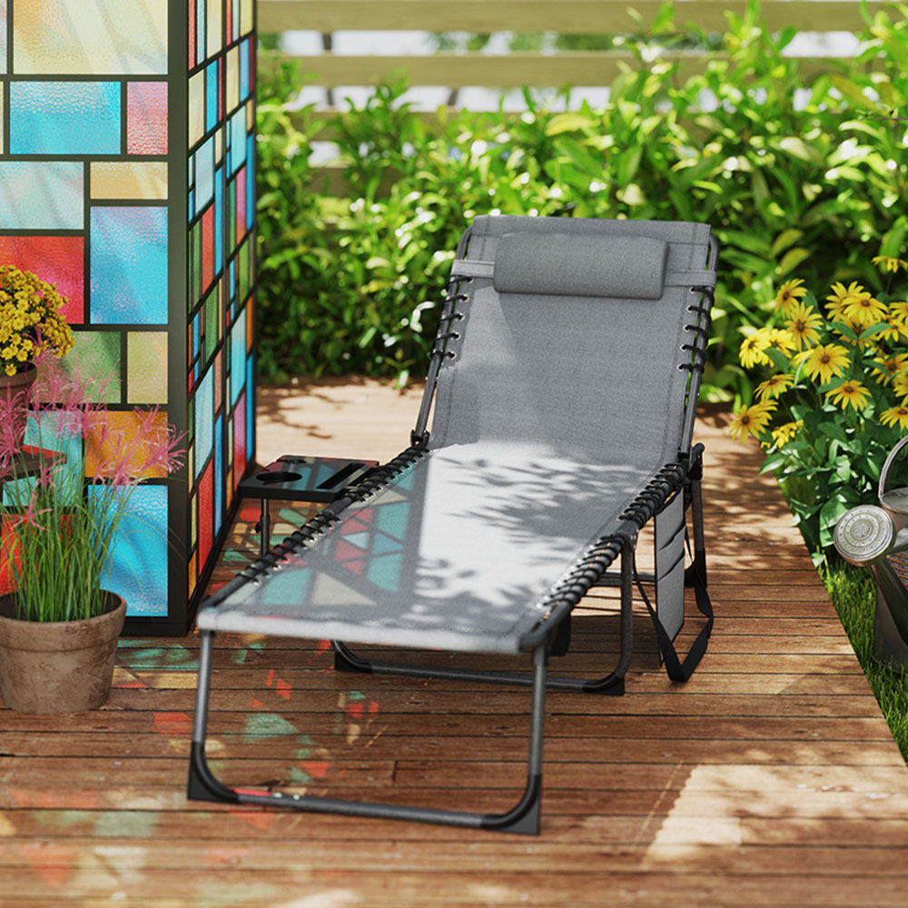Outsunny Grey 5 Level Adjustable Folding Sun Lounger with Side Table Image 4