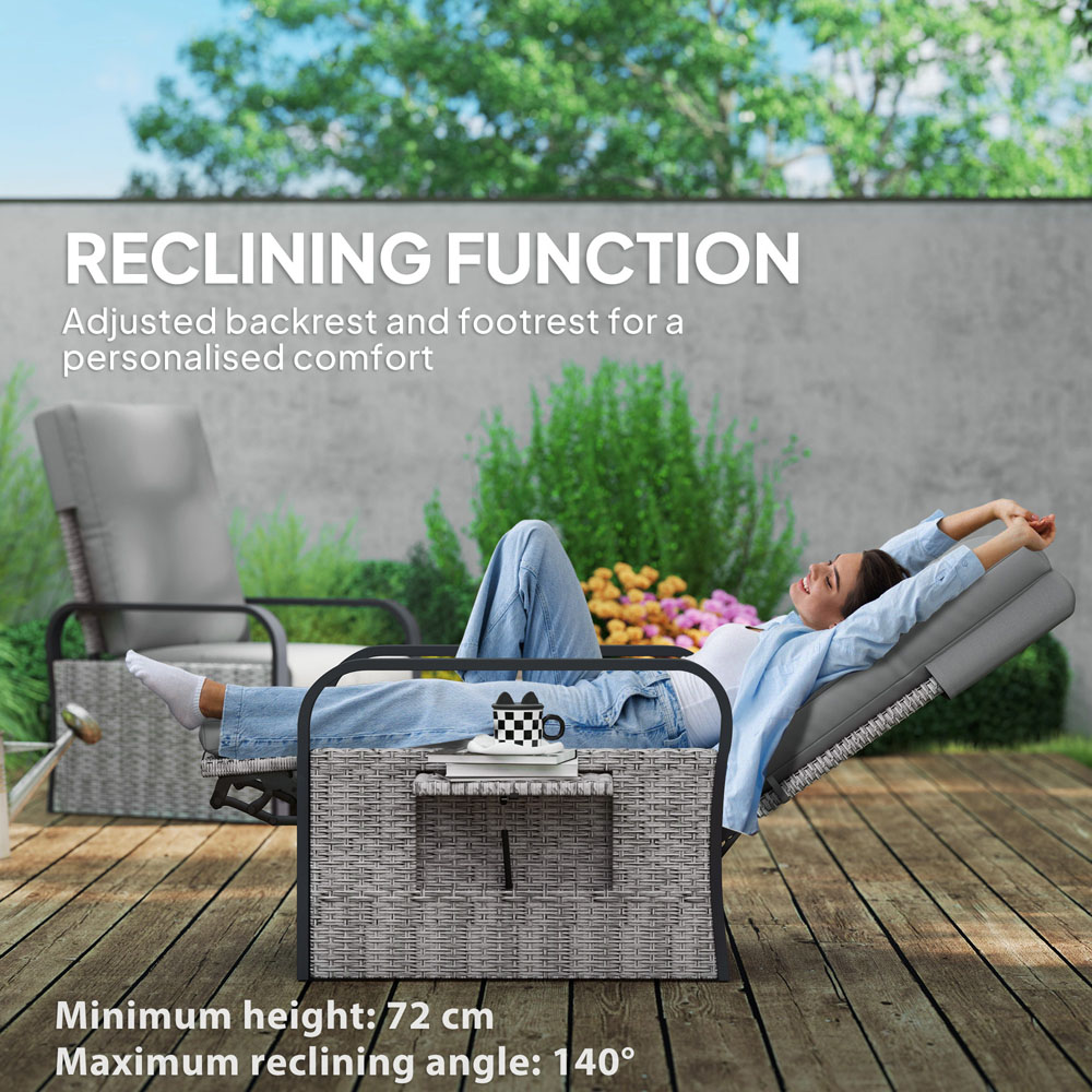 Outsunny Grey Rattan Garden Recliner Chair Sun Lounger with Side Tray Image 4