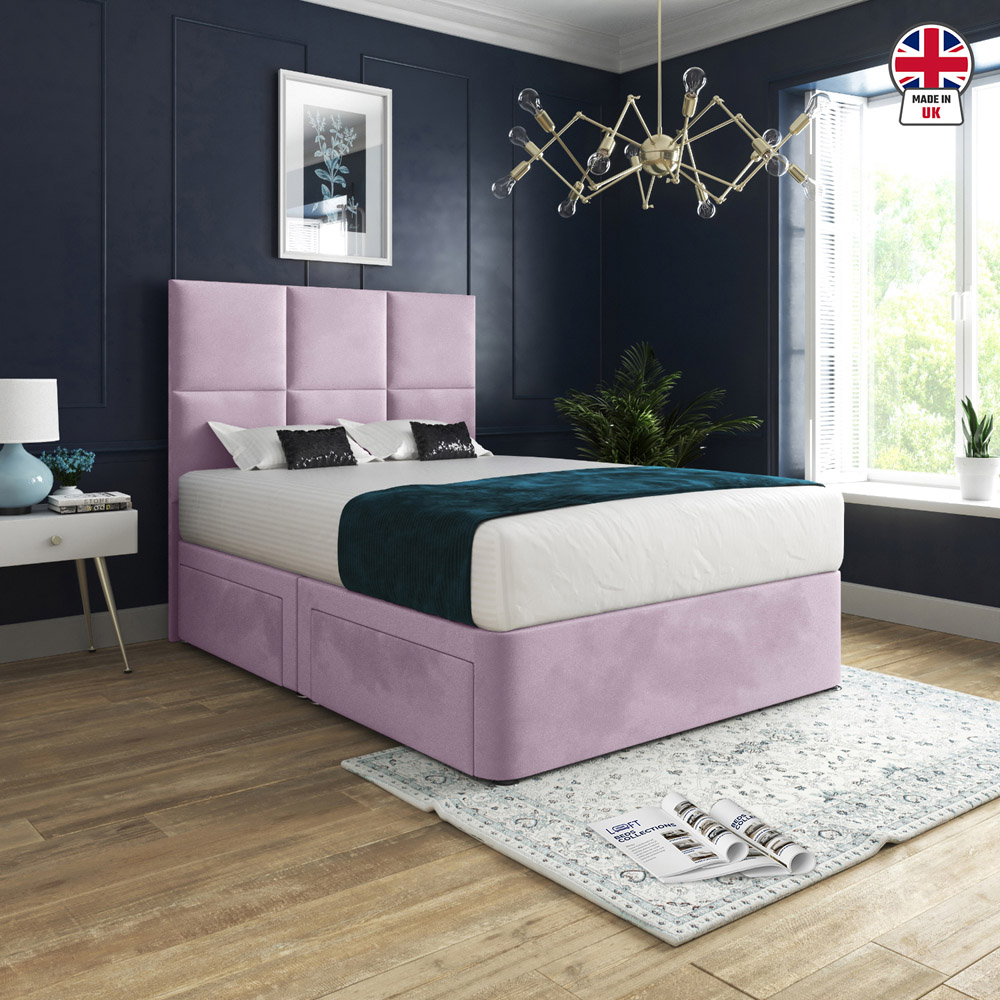Caprio Pink Single Upholstered Divan Bed Frame with Floorstanding Cube Headboard Image 6