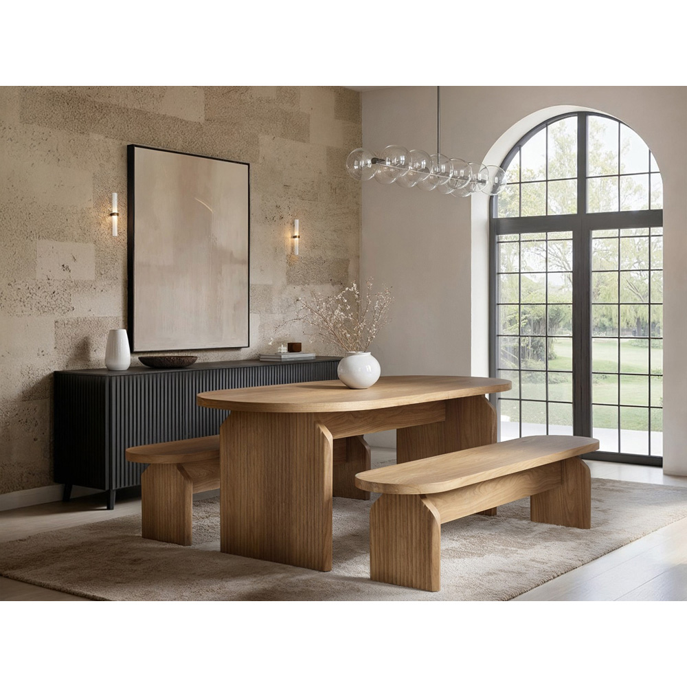 SOLACE+CO Varm Oak 3 Seater Ribbed Dining Bench Image 4
