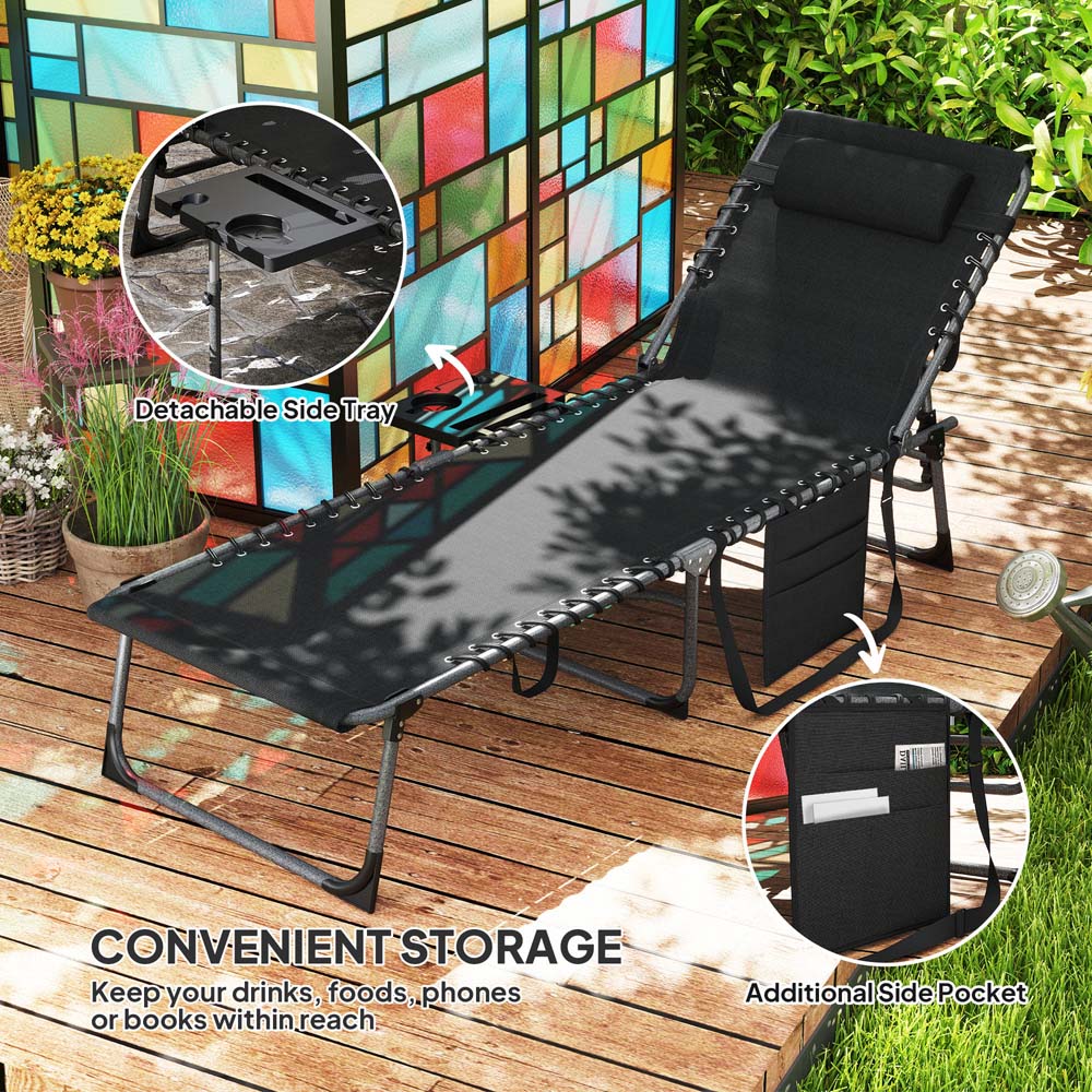 Outsunny Black 5 Level Adjustable Folding Sun Lounger with Side Table Image 6