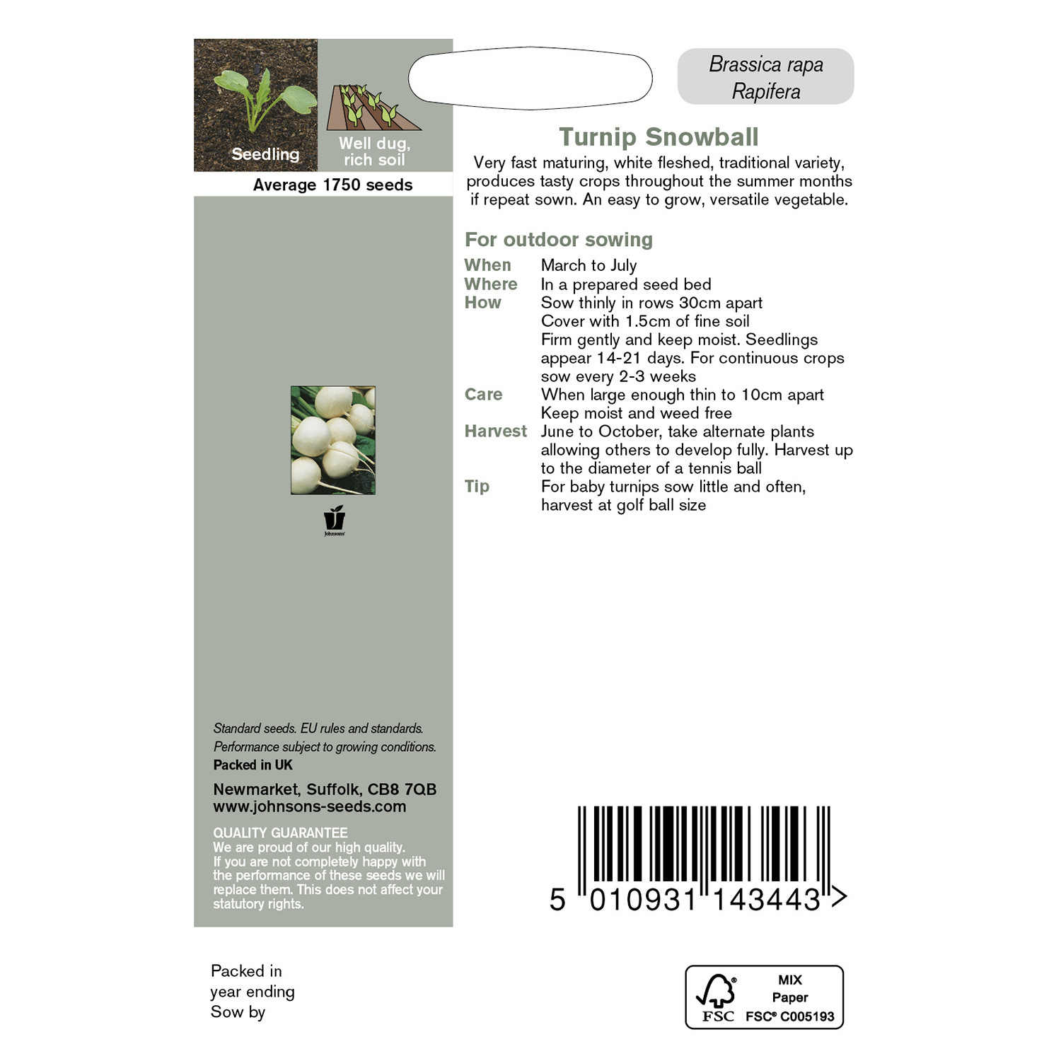 Johnsons Pack of Snowball Turnip Seeds Image 2