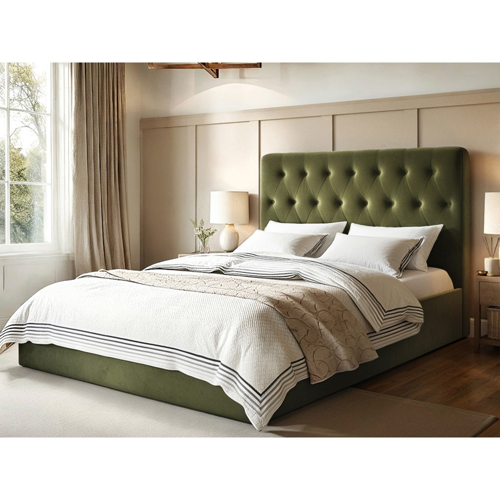 Flair Marley King Size Green Velvet Fabric Ottoman Bed with Buttoned Headboard Image 7