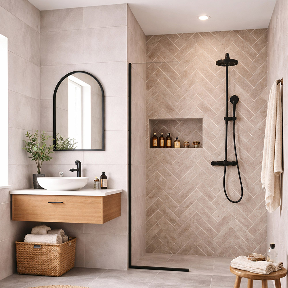 Britwall Light Beige Herringbone Tile Effect Matte Finish Shower Panel 2400 x 1000 x 10mm 3 Pack Image 6